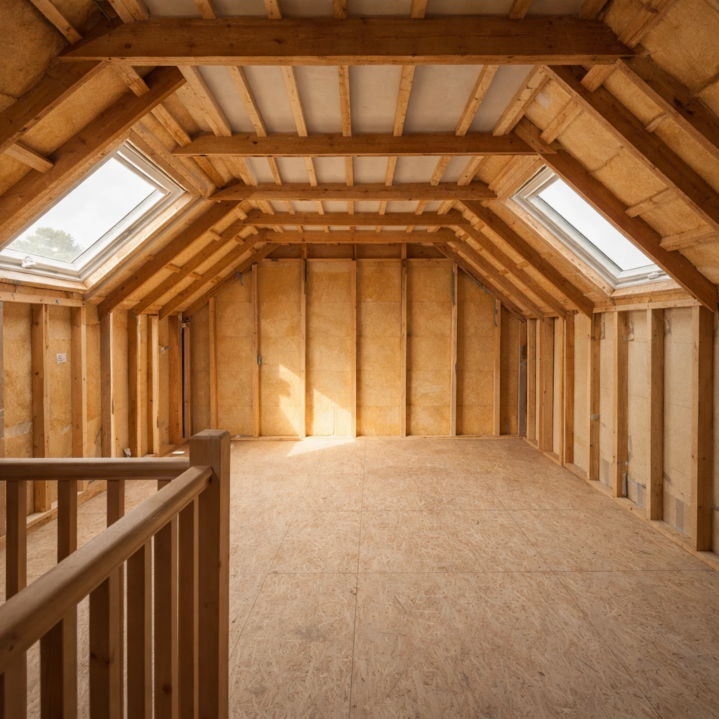 Loft conversion structural stage complete — timber roof structure, Velux windows and plywood flooring ready for owner fit-out