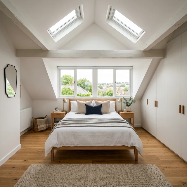 Full dormer loft conversion bedroom with Velux skylights, oak flooring, and built-in wardrobes