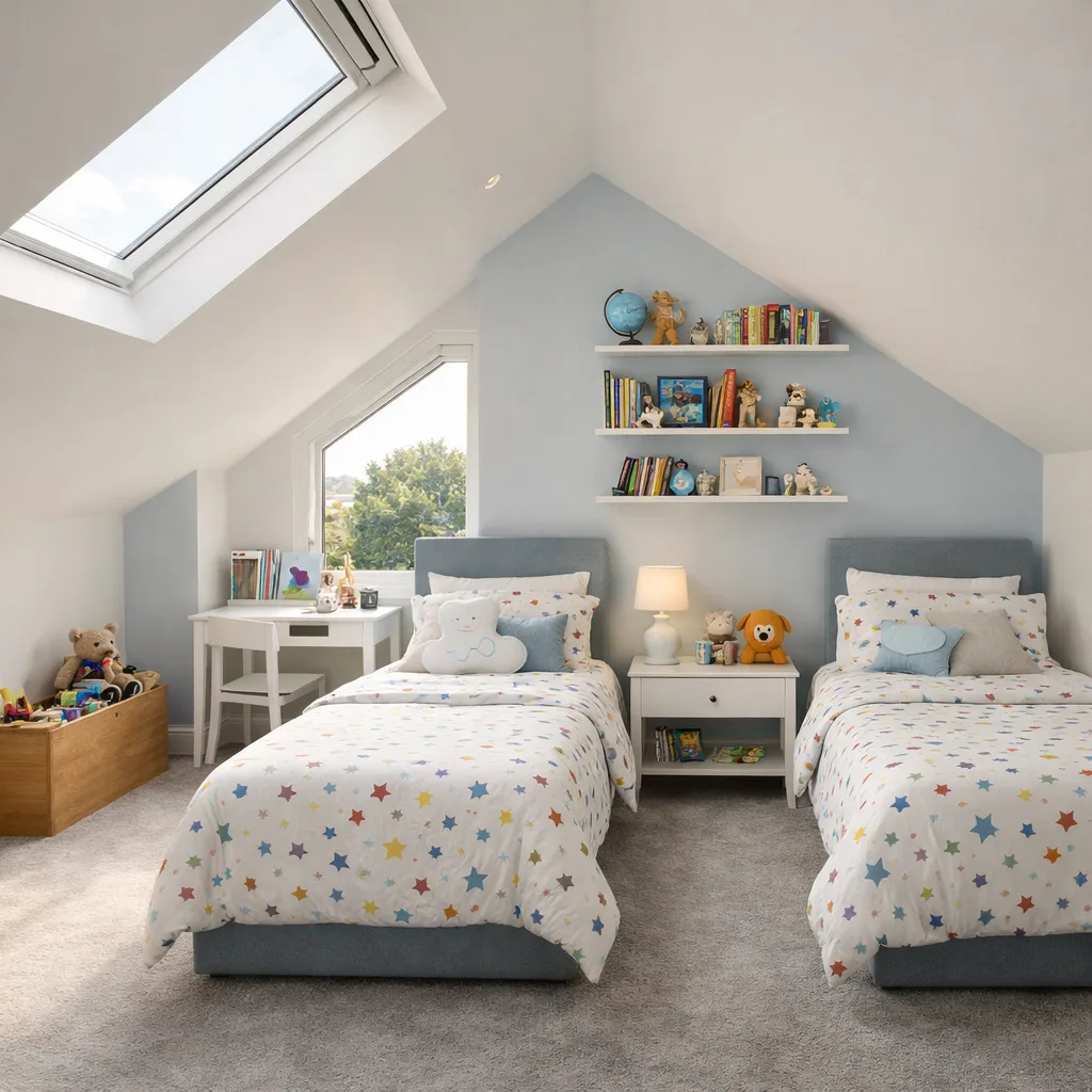 Children's loft bedroom with twin beds, Velux skylight and pastel blue décor