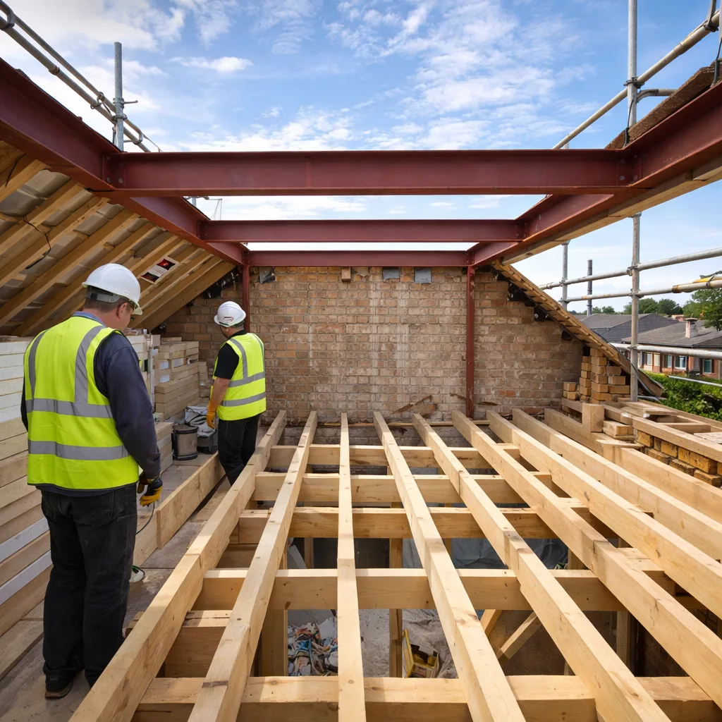 Loft conversion structural steel and timber framework during construction in Dorset