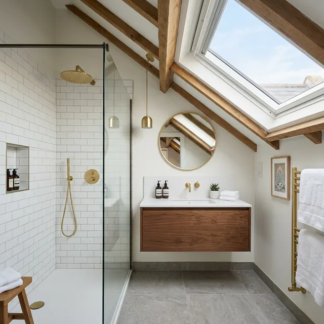 Loft en-suite bathroom with walk-in shower, subway tiles, gold fixtures and skylight