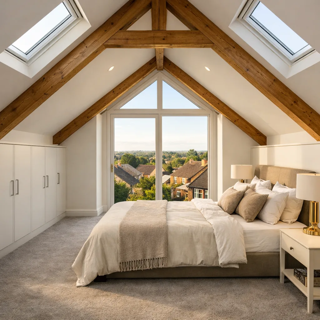 Hip-to-gable loft conversion master bedroom with vaulted ceiling, oak beams and Velux skylights