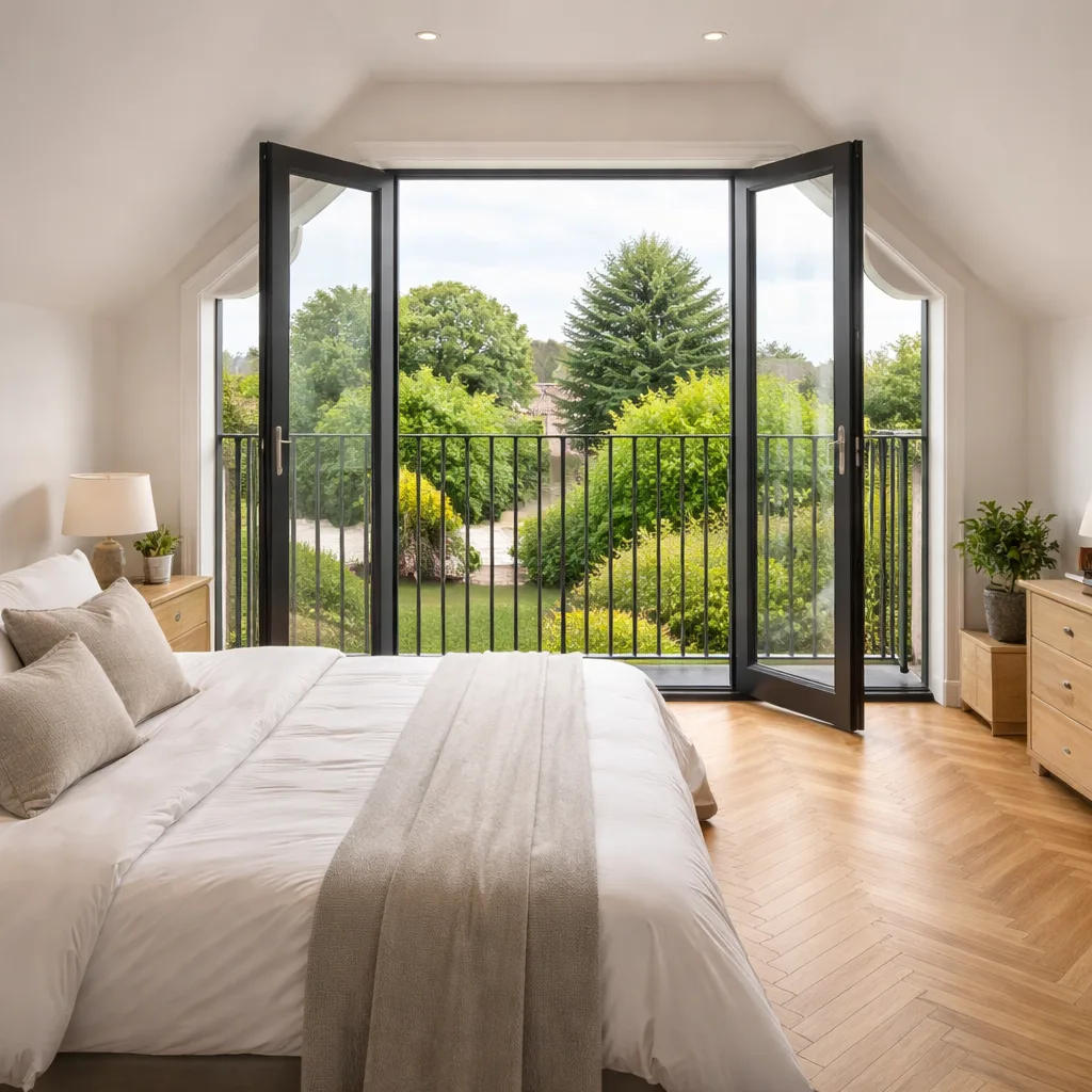 Loft conversion bedroom with Juliet balcony French doors, oak flooring and garden views
