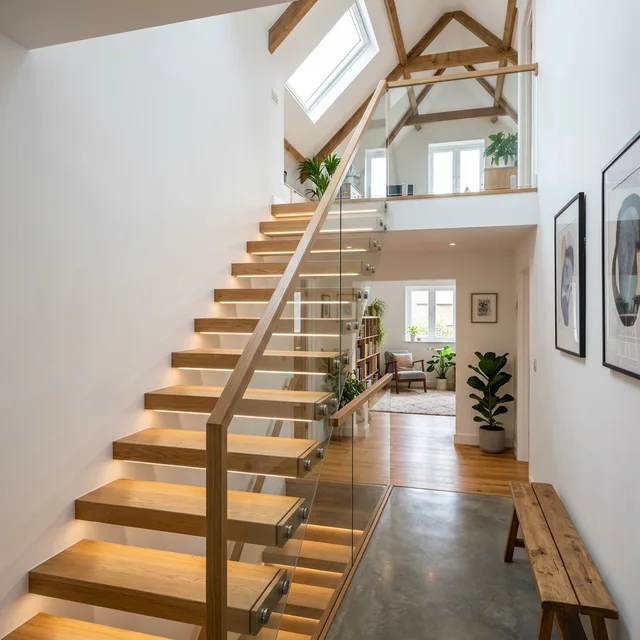 Bespoke floating oak staircase with glass balustrade and LED lighting leading to loft