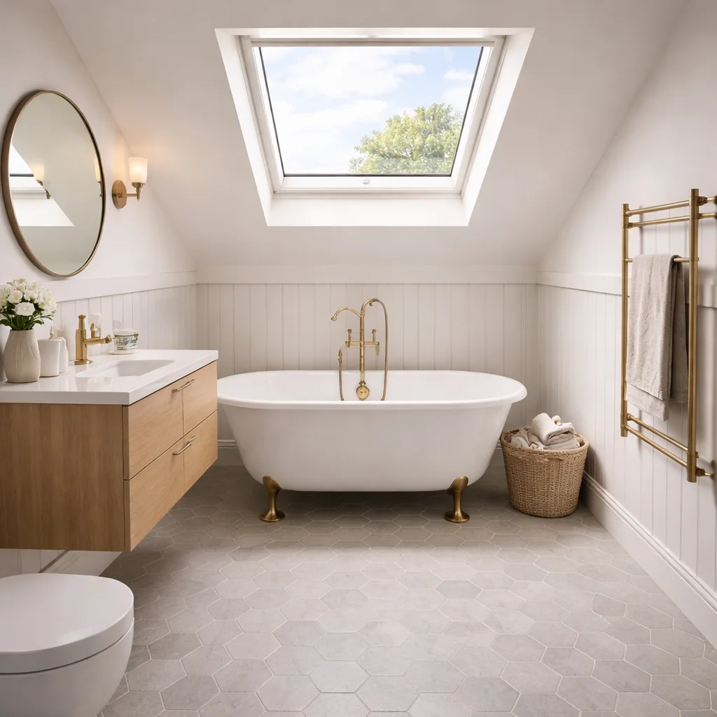 Loft conversion bathroom with freestanding roll-top bath under Velux skylight and brass fixtures