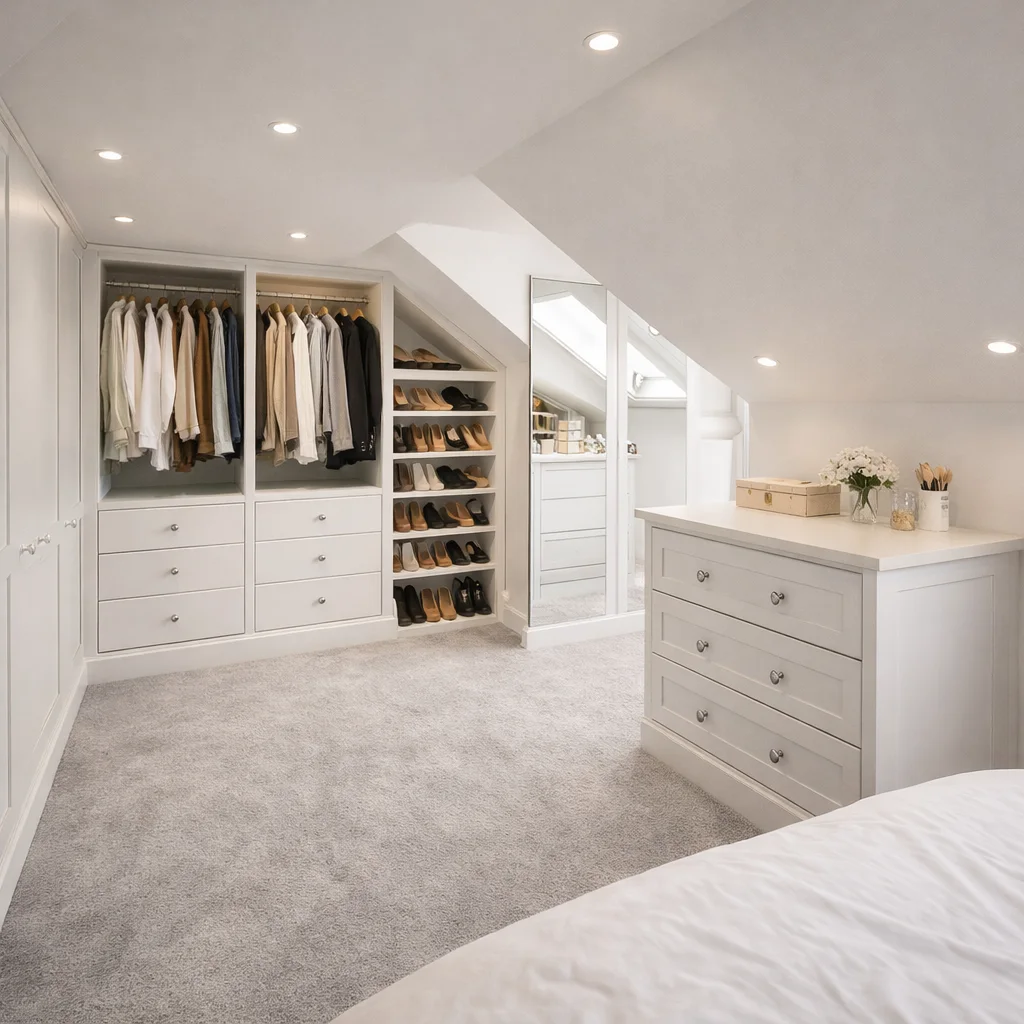 Bespoke fitted walk-in wardrobe in loft eaves with Shaker cabinetry and spotlights