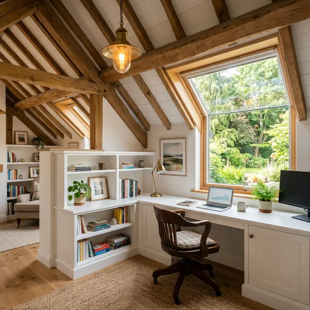 Loft conversion home office with timber beams, built-in shelving and dormer window