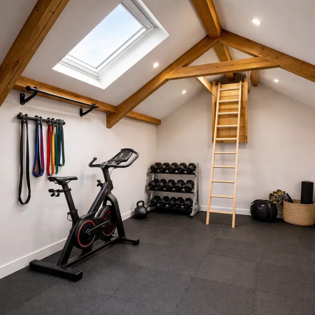 Non-habitable loft room converted into home gym with Velux window, rubber flooring and equipment