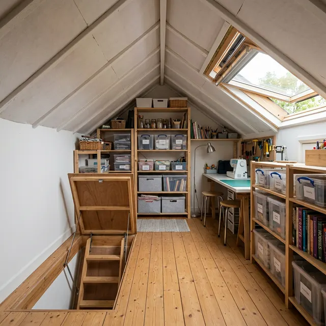 Non-habitable loft room with fold-down ladder, Velux window and organised storage shelving